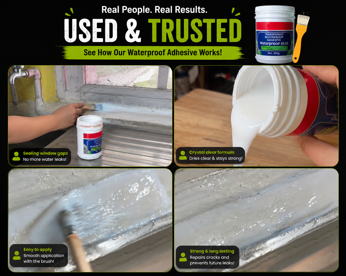 Stop Roof, Wall & Pipe Leaks | Transparent Waterproof Glue with Brush