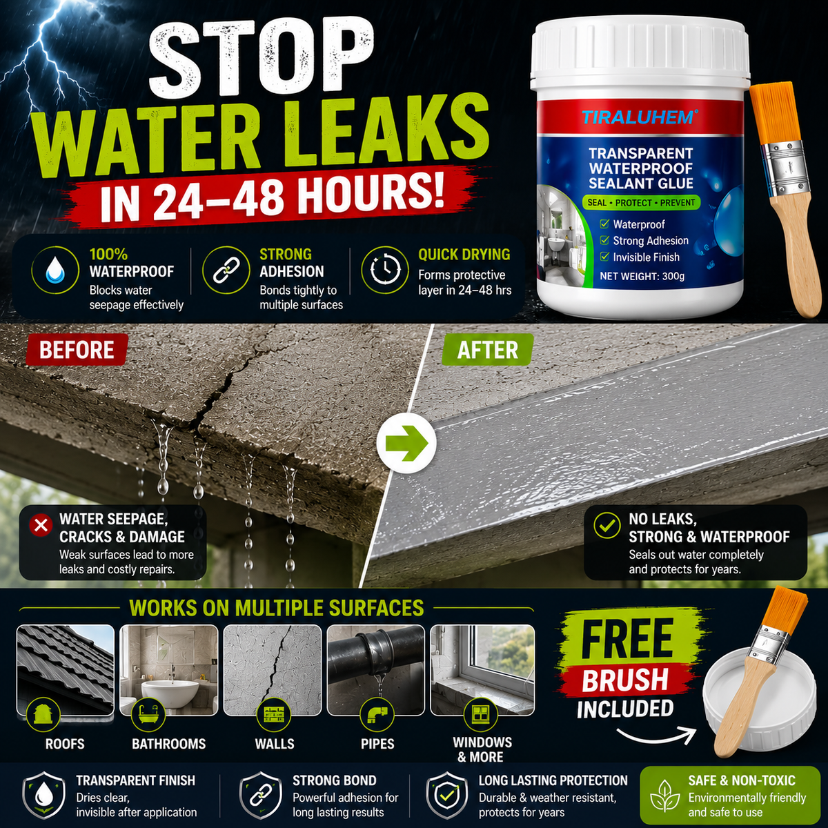 Stop Roof, Wall & Pipe Leaks | Transparent Waterproof Glue with Brush