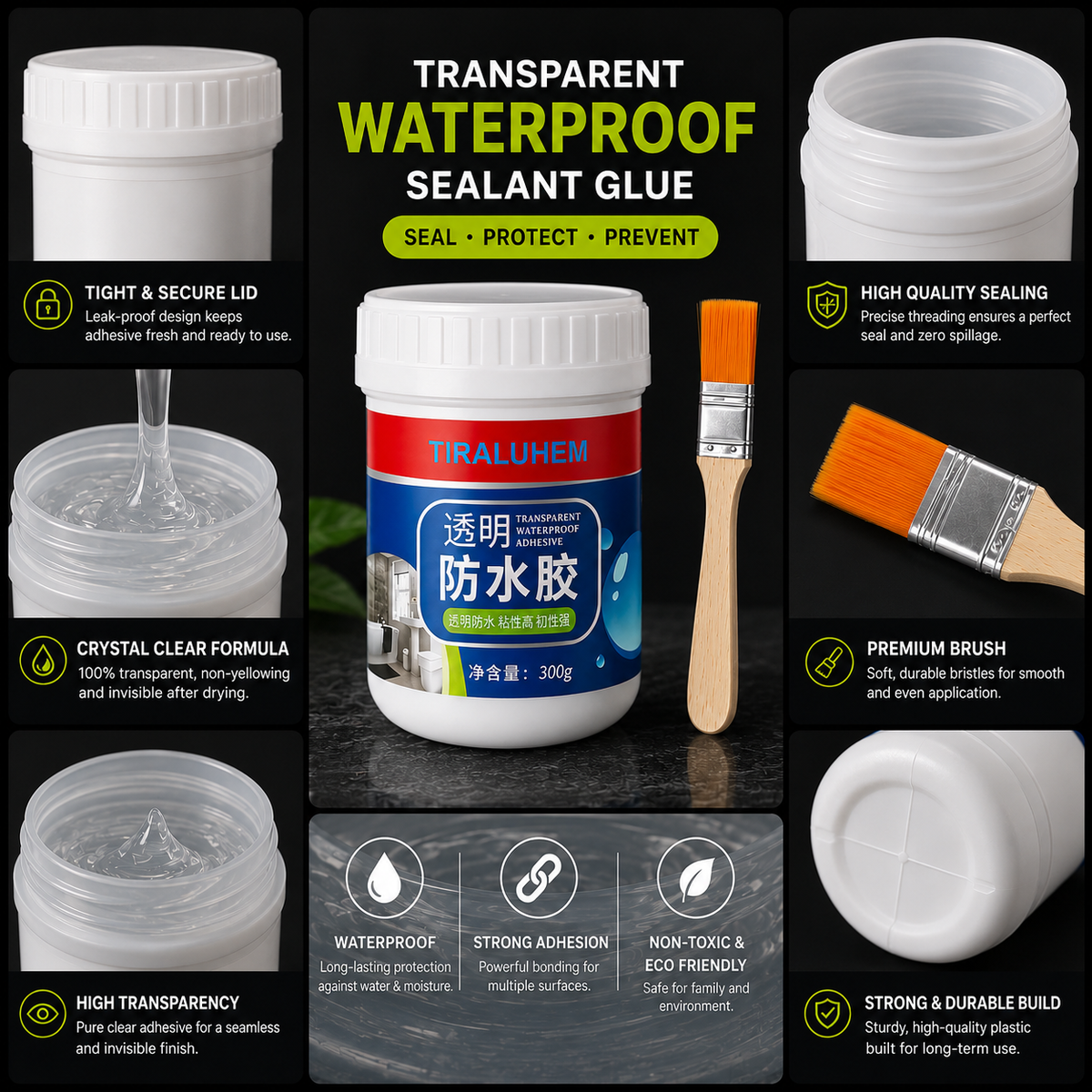 Stop Roof, Wall & Pipe Leaks | Transparent Waterproof Glue with Brush